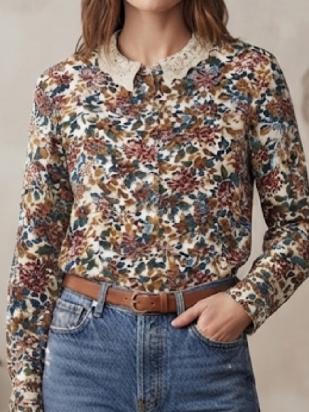 VINTAGE Floral Crochet Collar Wool Blend Grannycore Prairie Button Down Size 6P